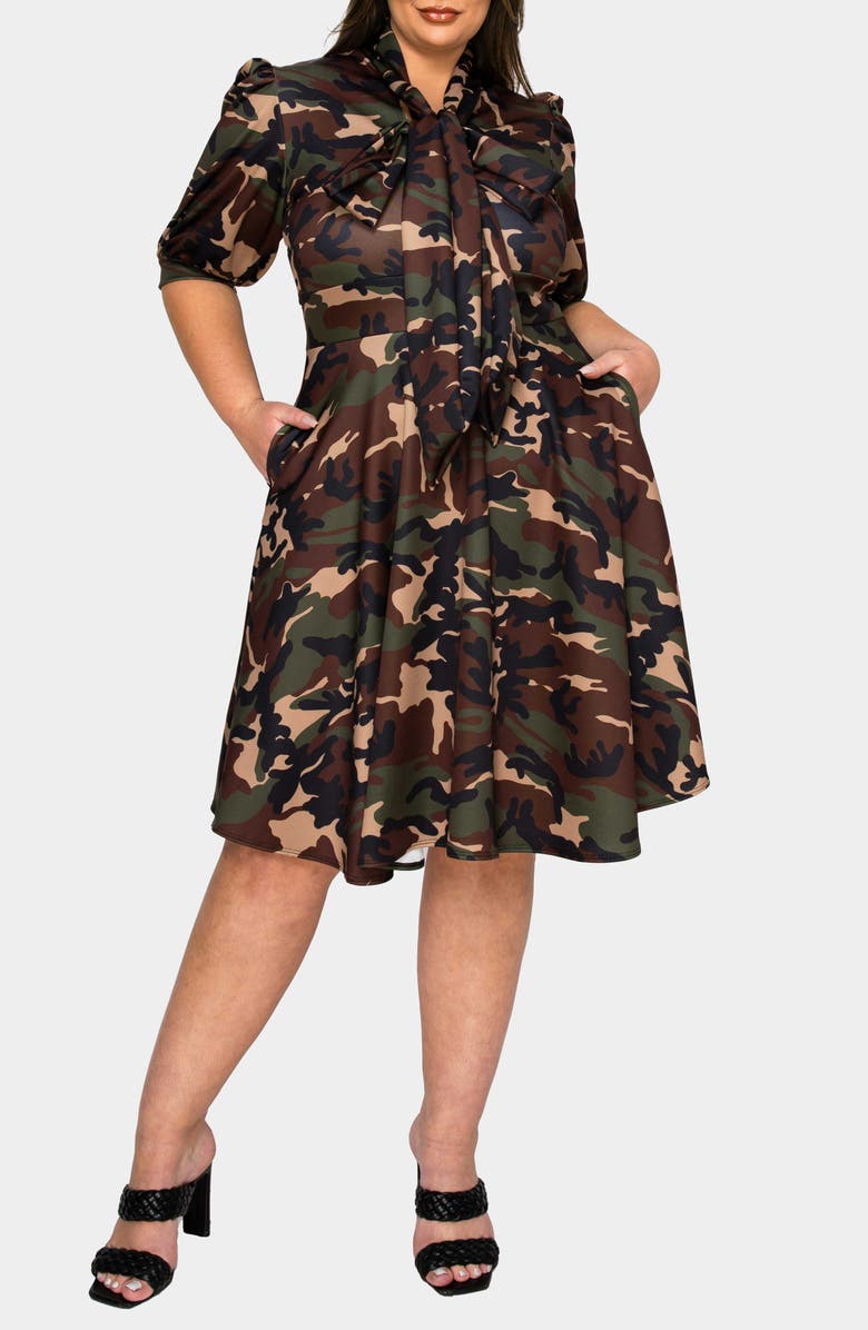 L I V D Outlaw Camo Tie Neck Flare Dress, Alternate, color, 
