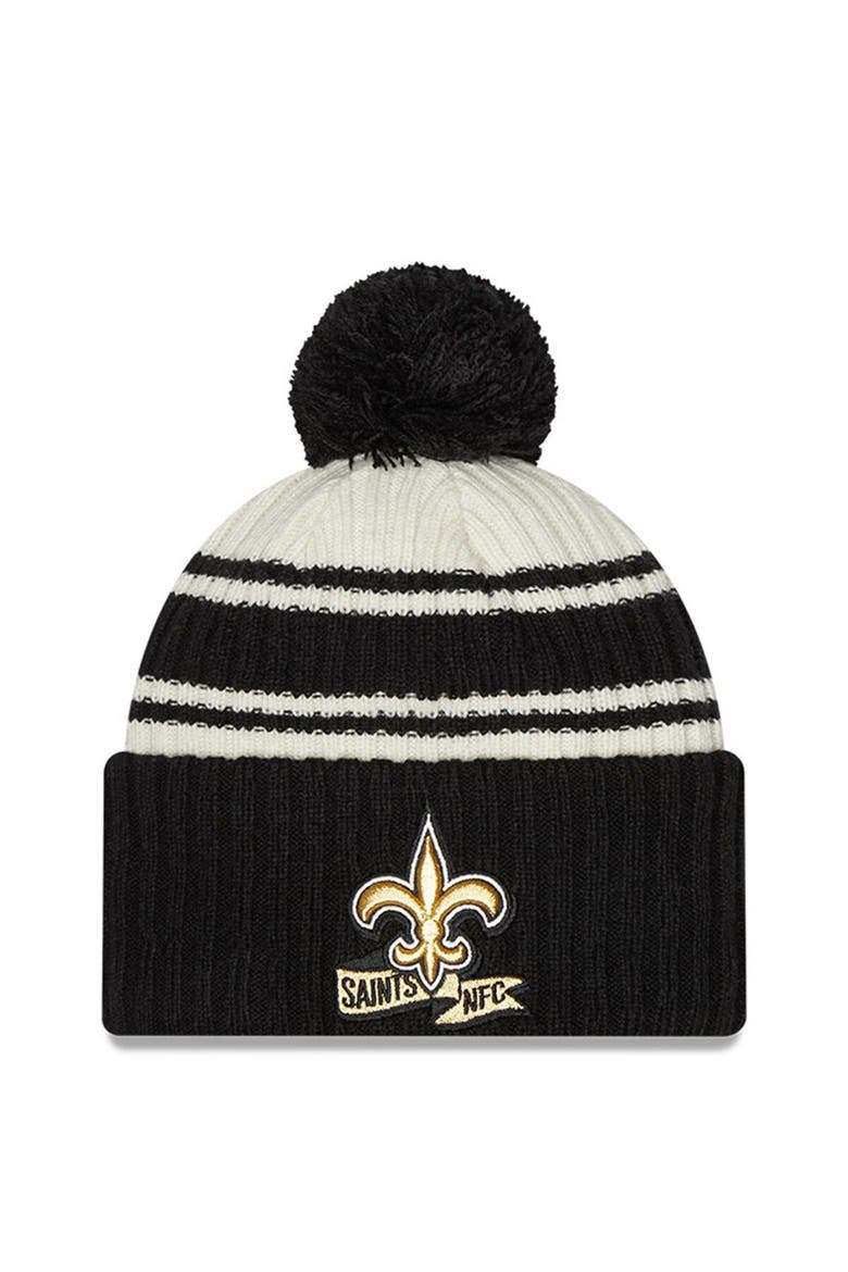 Men's New Era Cream/Black New Orleans Saints 2022 Sideline Sport Cuffed Pom Knit Hat, Main, color, Cream