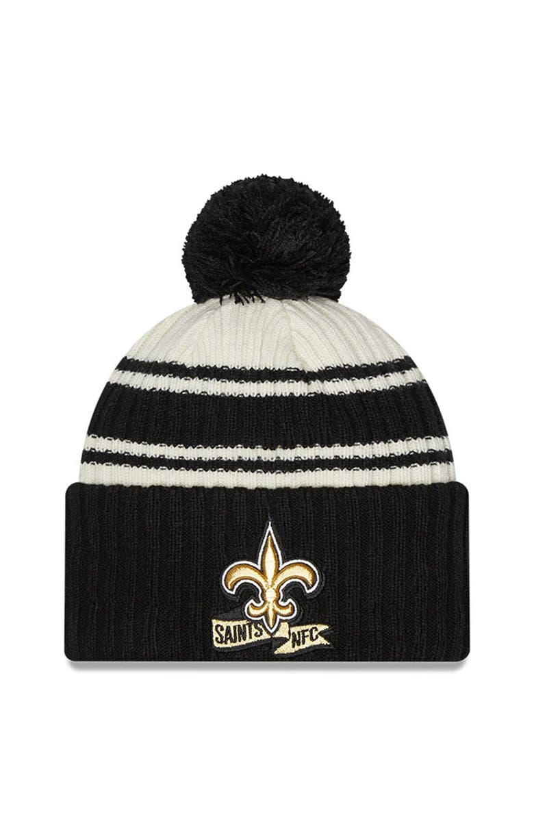 New Era Men's New Era Cream/Black New Orleans Saints 2022 Sideline Sport Cuffed Pom Knit Hat, Main, color,