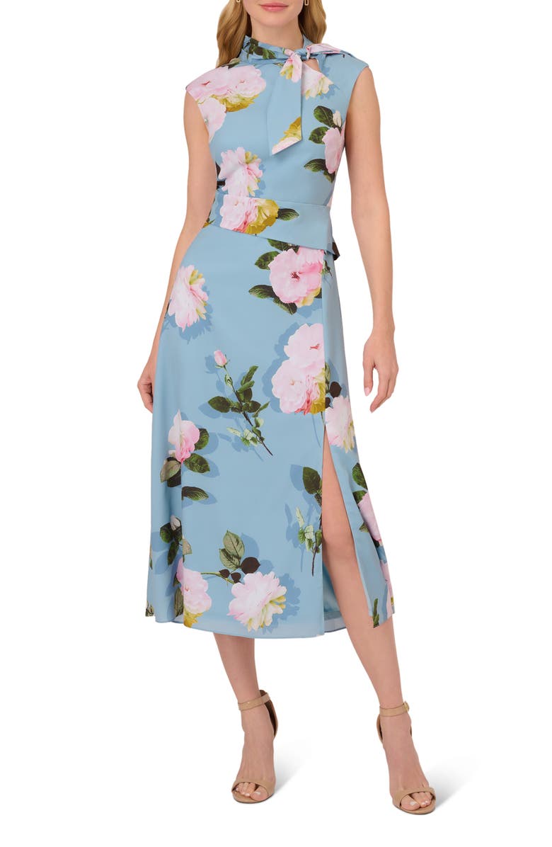 Adrianna Papell Floral Tie Neck Crêpe de Chine Dress, Main, color, 