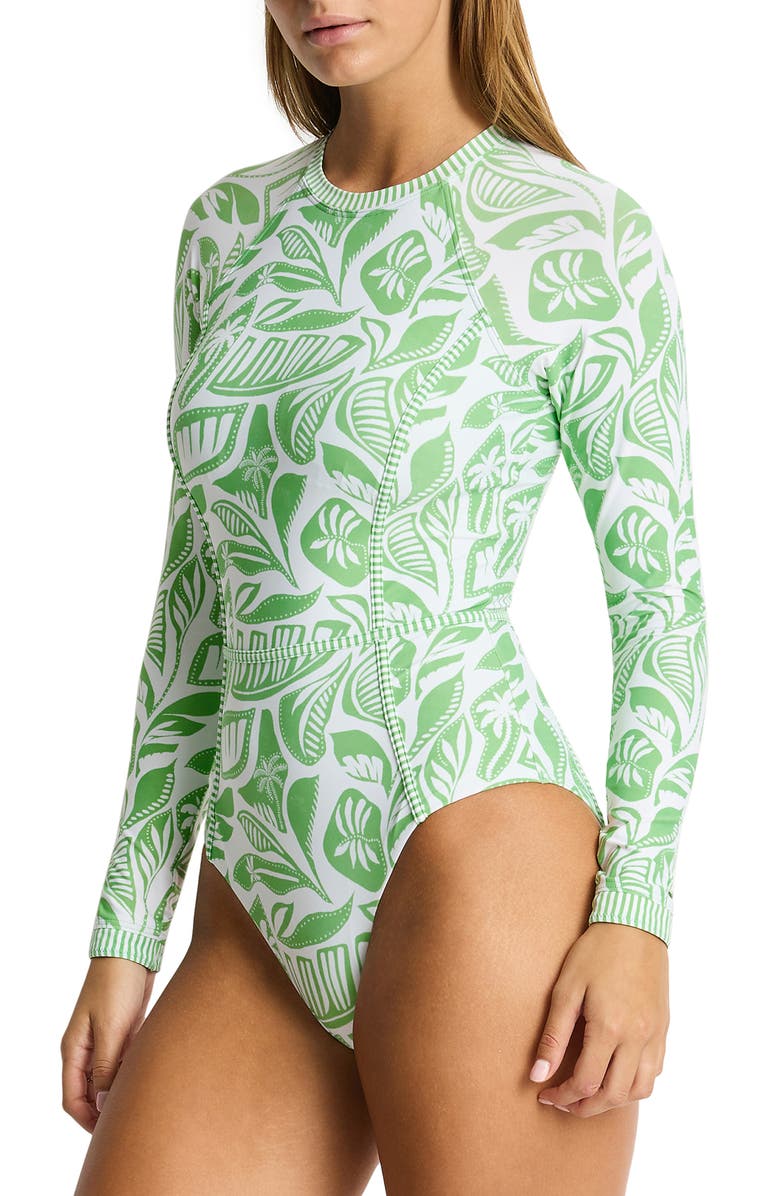 Sea Level Seamed Long Sleeve UPF 50+ One-Piece Rashguard Swimsuit, Alternate, color, Matcha
