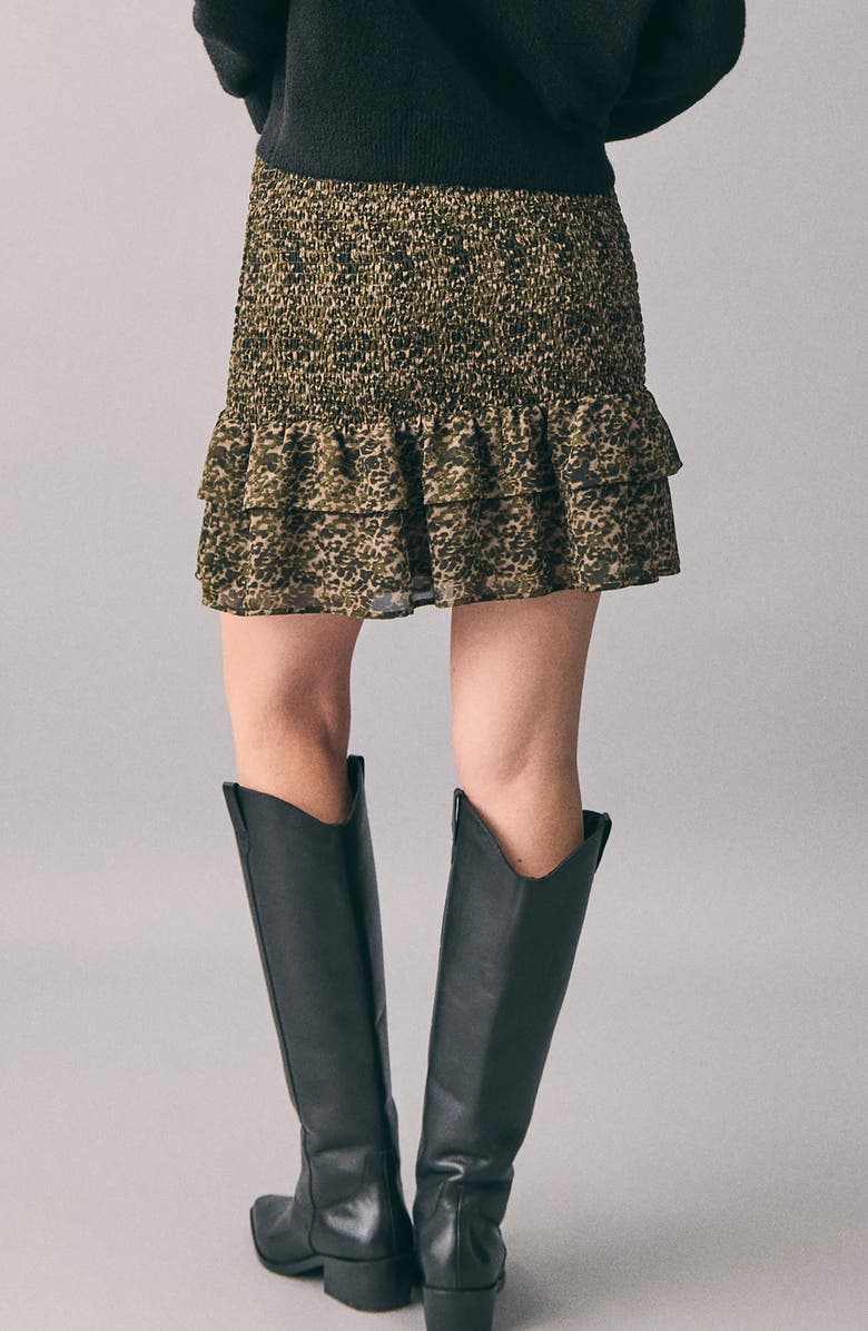 MANGO TEEN Tired Ruffle Print Skirt, Alternate, color, Khaki Green