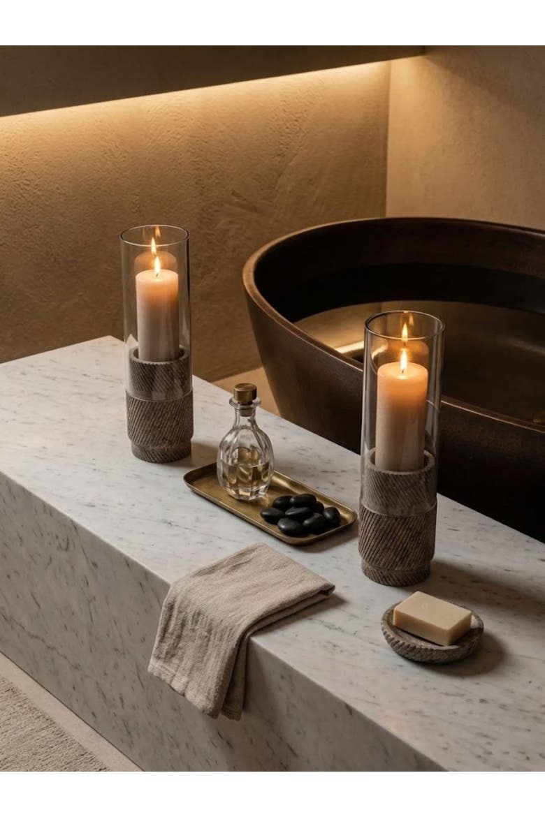 Estonia Hurricane Candle Holder, Alternate, color, Fossil Brown Travertine