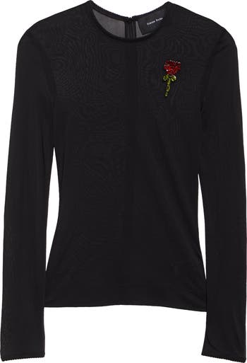 Simone Rocha Crystal Flower Fitted Sheer Mesh Ballet Top