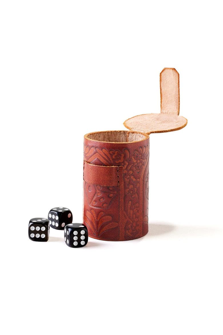 Leather Dice Cup Set - 6 Dice, Hand Tooled, Main, color, Multicolor