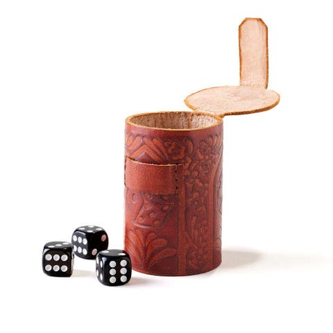 Leather Dice Cup Set - 6 Dice, Hand Tooled