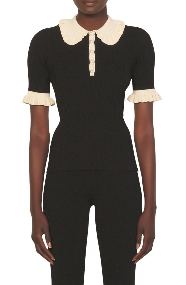 SANDRO Solange Ruffle Peter Pan Collar Knit Top, Main, color, 