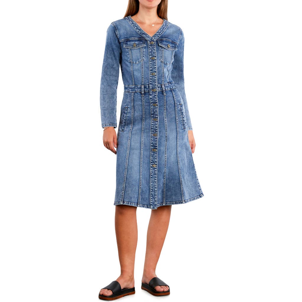 Wash Lab Denim Madison Long Sleeve Stretch Denim Midi Dress In Blue