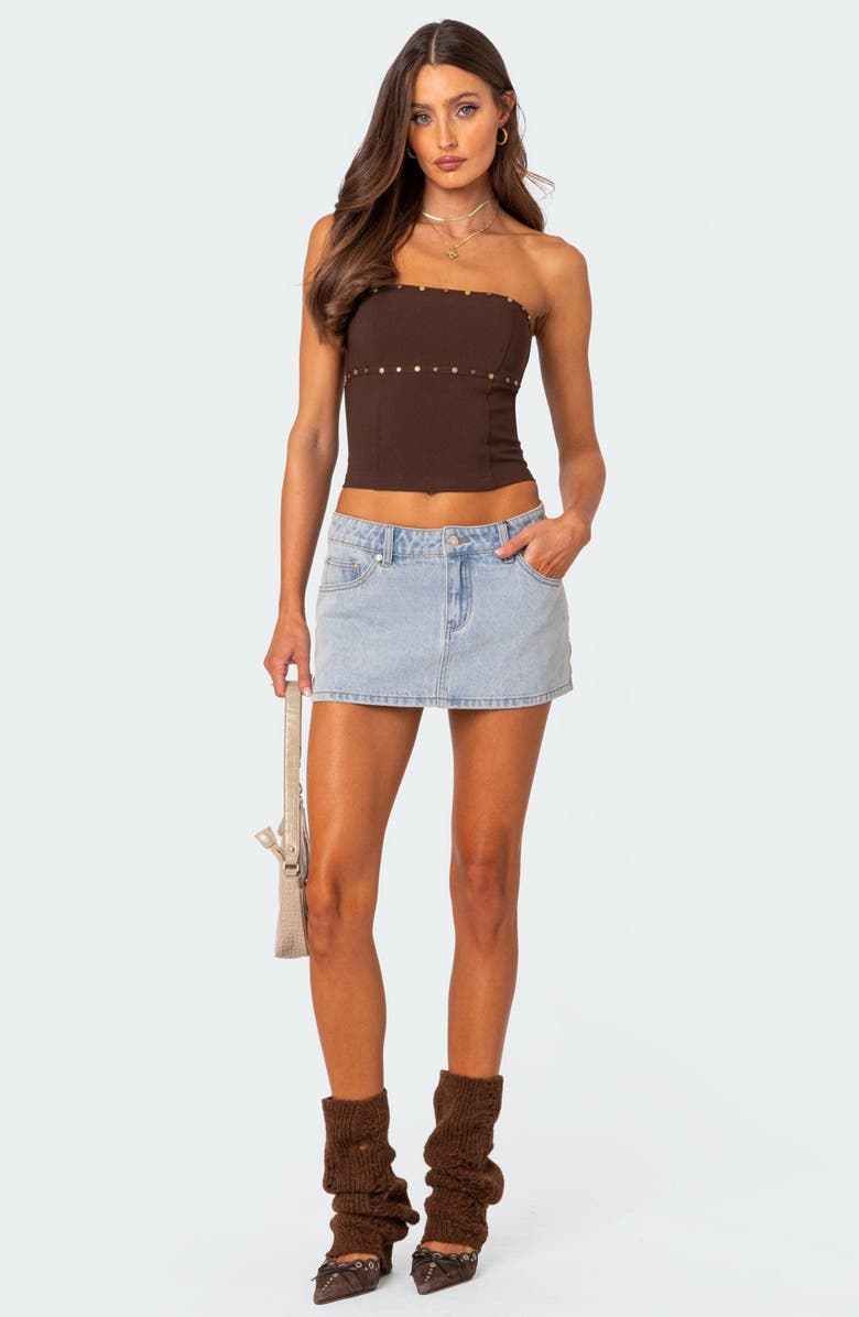 EDIKTED Darcy Stud Lace Up Crop Corset Top, Alternate, color, Brown