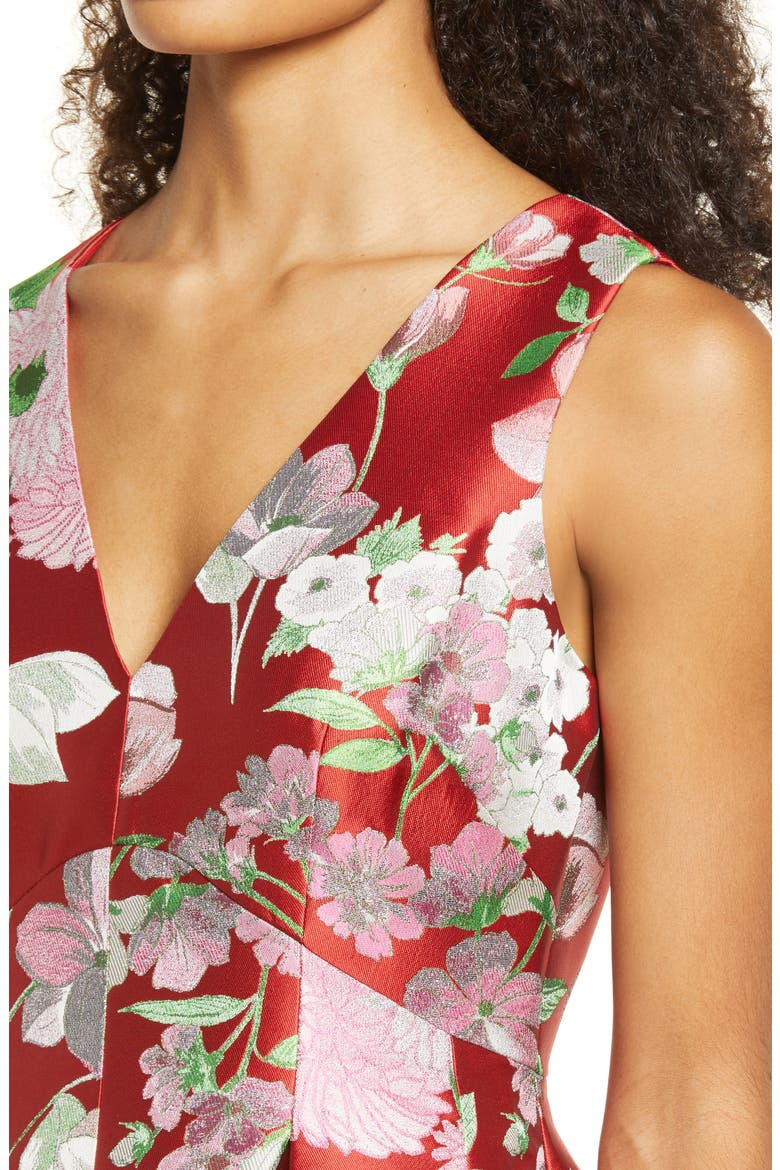 Floral Metallic Jacquard Cocktail Dress, Alternate, color, RED