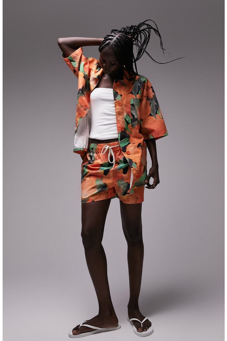 Abstract Floral Oversize Cotton Button-Up Shirt, Alternate, color, ORANGE