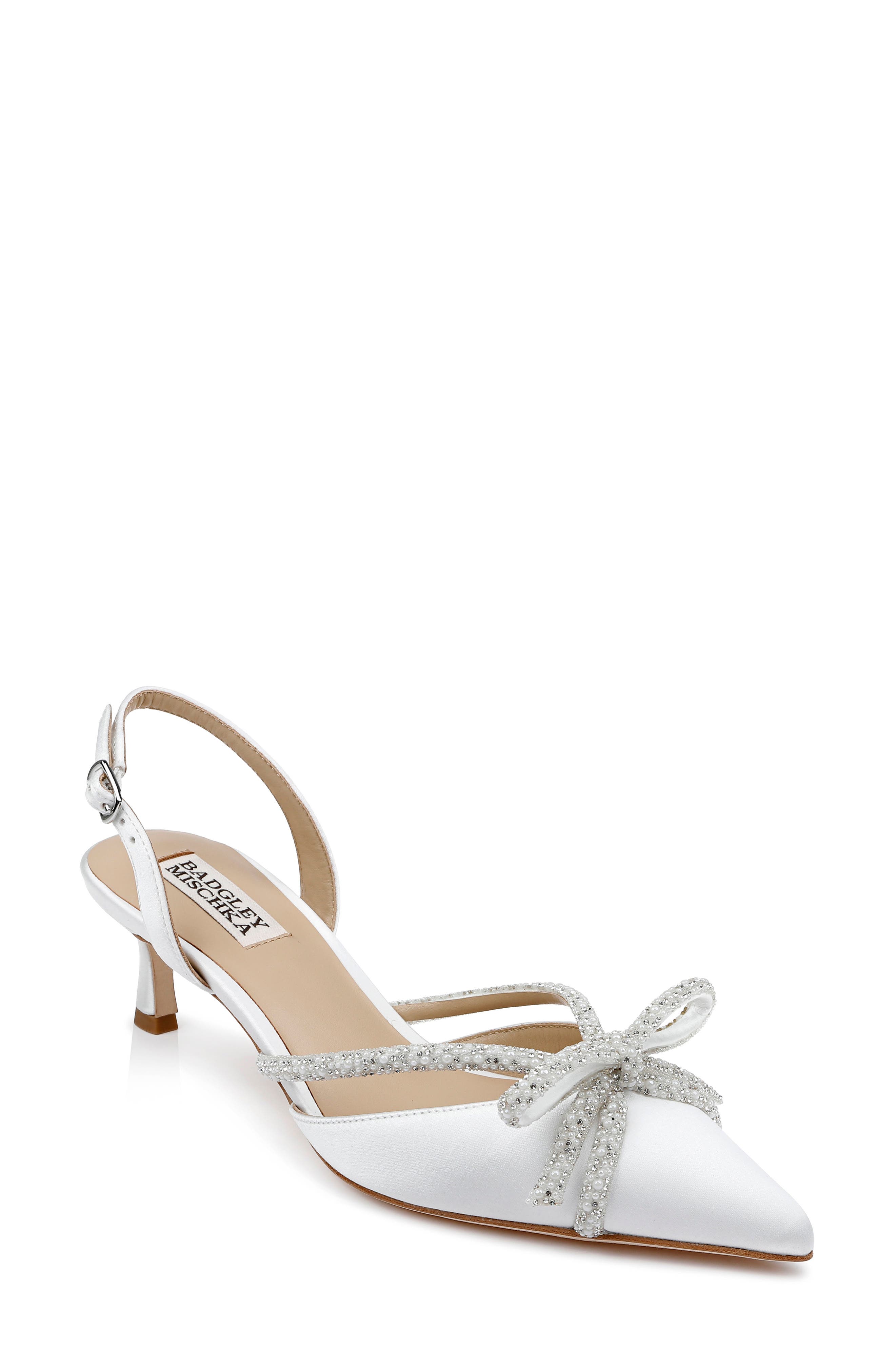 Badgley Mischka Collection Angelina Slingback Pointed Toe Kitten Heel Pump, Main, color, White Satin
