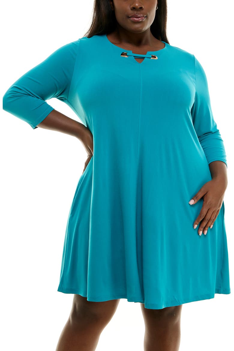 Three-Quarter Sleeve Trapeze Dress, Alternate, color, PACIFIC/GOLD