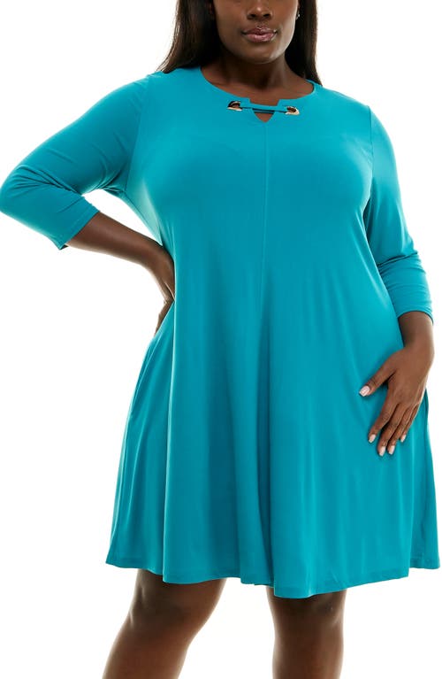 Nina Leonard Three-quarter Sleeve Trapeze Dress In Blue