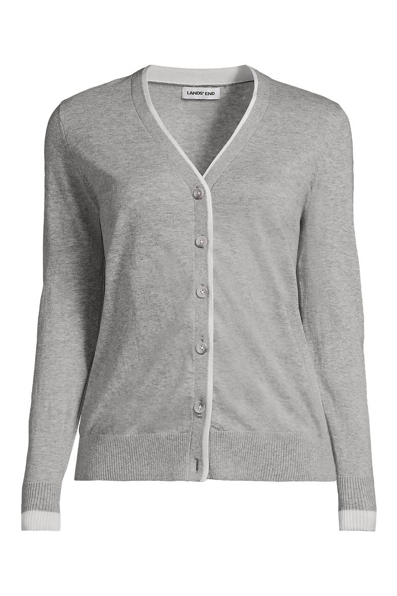Double Trim Cotton V Neck Cardigan Sweater, Alternate, color, Gray Heather/White