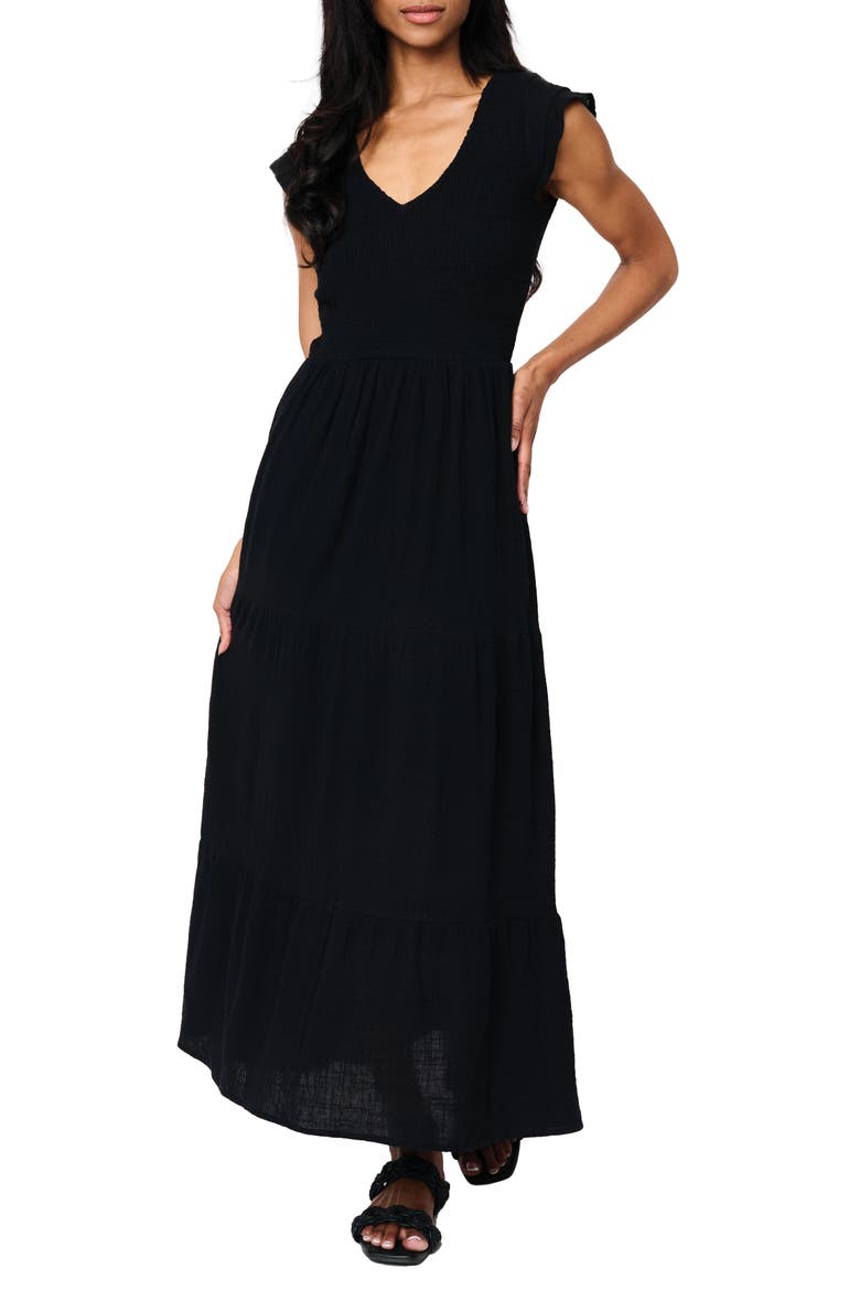 Flutter Sleeve Cotton Gauze Maxi Dress, Main, color, BLACK