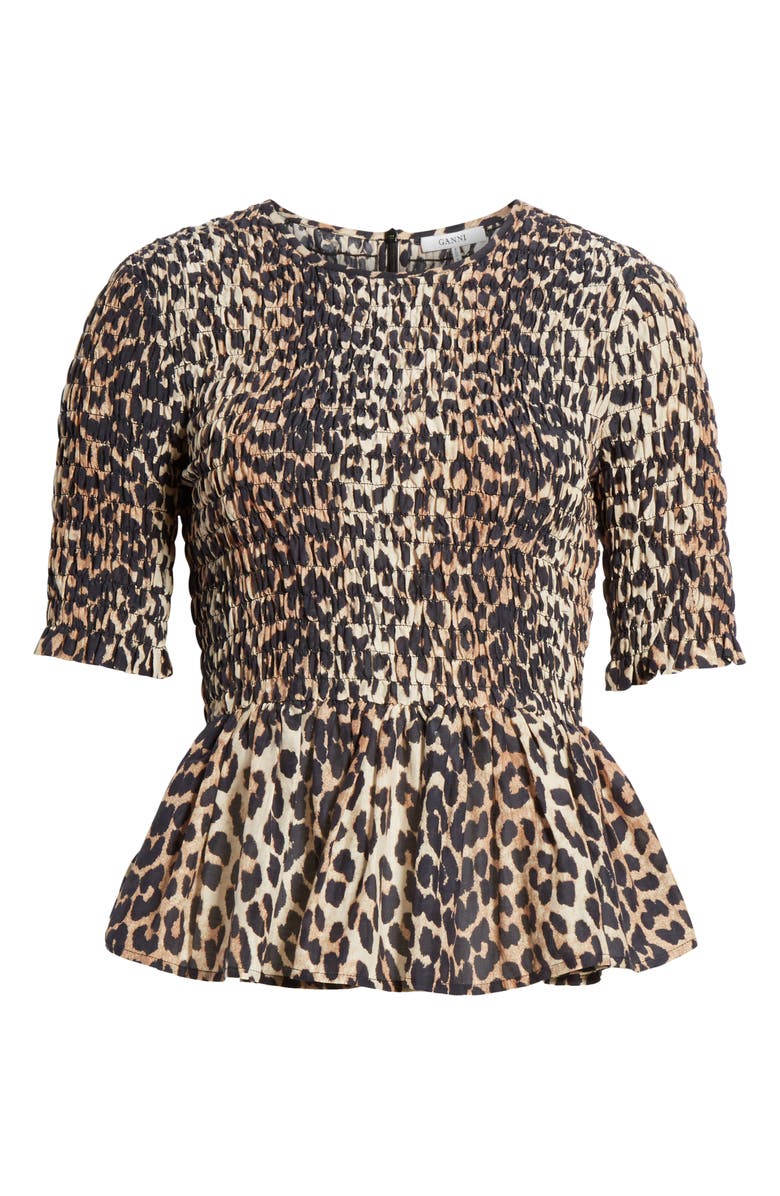 Ganni Leopard Print Cotton & Silk Peplum Top, Alternate, color,