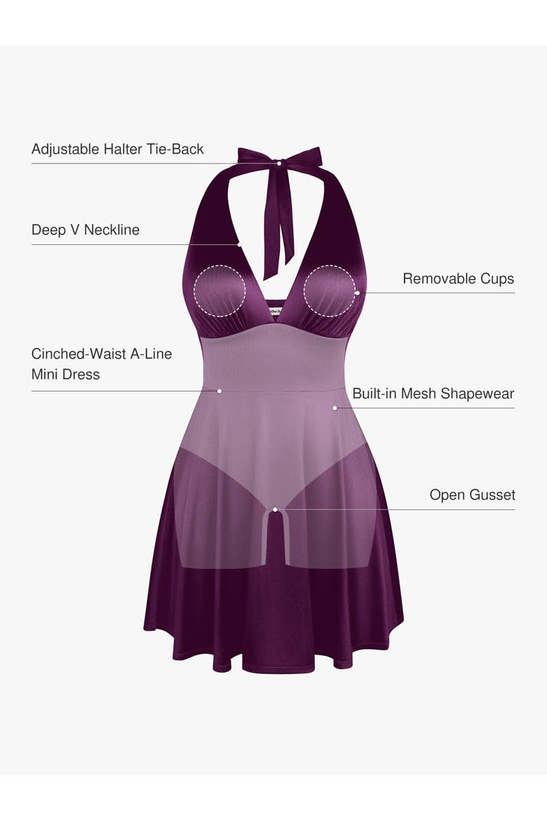 Built-in Shapewear Halter Neck Fit & Flare Mini Dress, Alternate, color, Eggplant