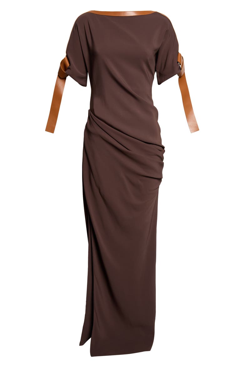 Leather Trim Jersey Maxi Dress, Main, color, EXPRESSO/ COGNAC