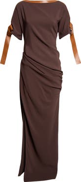 FERRAGAMO Leather Trim Jersey Maxi Dress