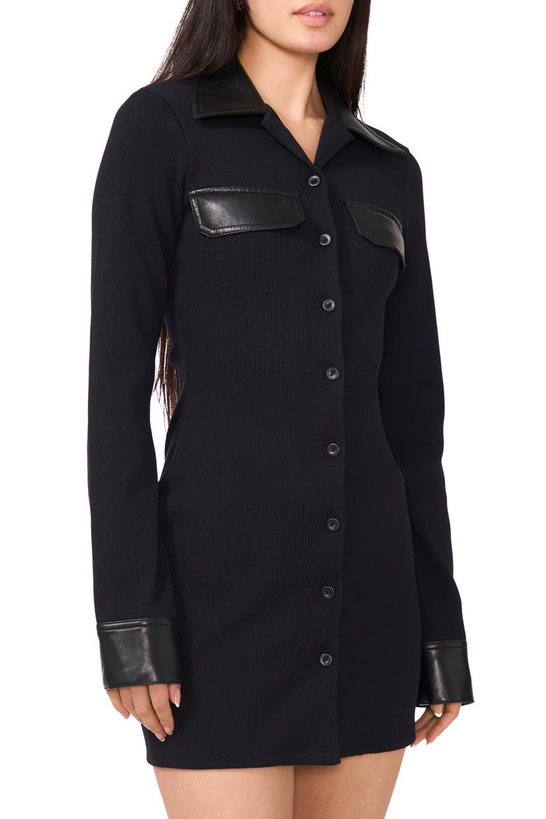Faux Leather Detail Long Sleeve Mini Shirtdress, Alternate, color, RICH BLACK
