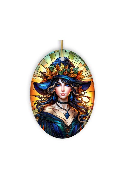 Enchanting Autumn Witch Oval Ceramic Ornament