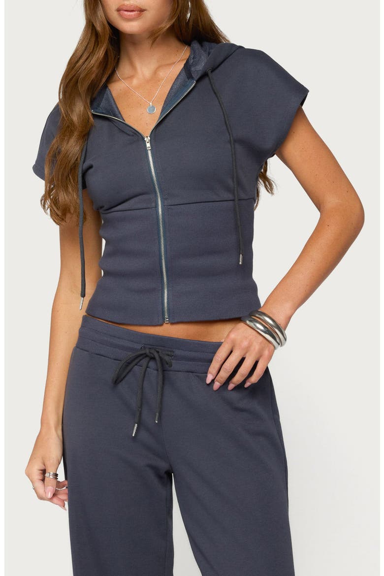 Paeva Short Sleeve Full Zip Hooded Top, Main, color, NAVY