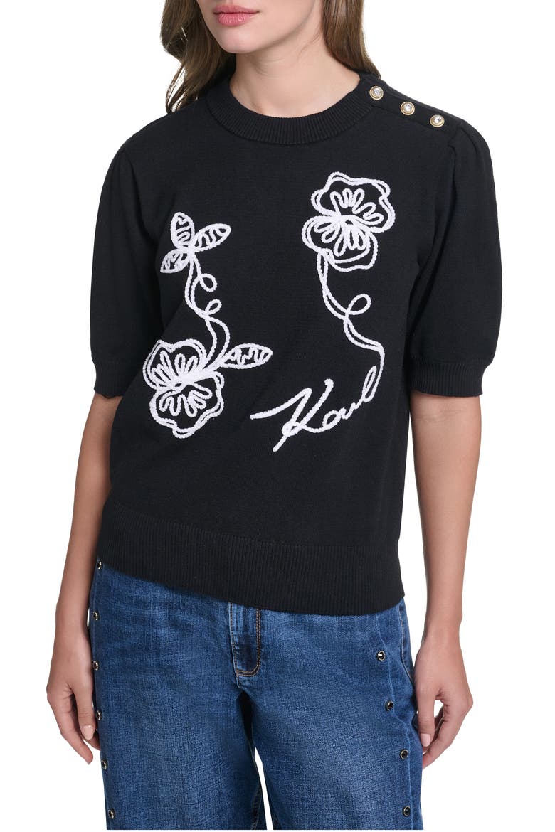 Floral Stitch Short Sleeve Cotton Blend Sweater, Main, color, BLACK/ SOFT WHITE