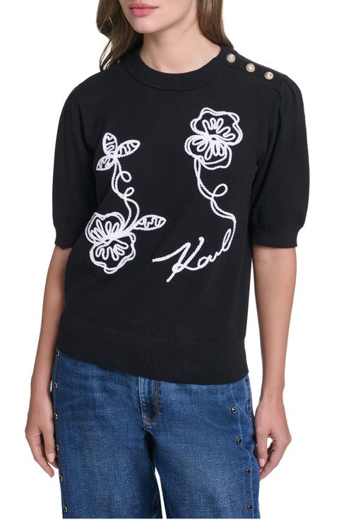 Floral Stitch Short Sleeve Cotton Blend Sweater