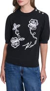 KARL LAGERFELD PARIS Floral Stitch Short Sleeve Cotton Blend Sweater