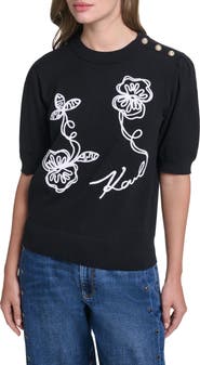 KARL LAGERFELD PARIS Floral Stitch Short Sleeve Cotton Blend Sweater