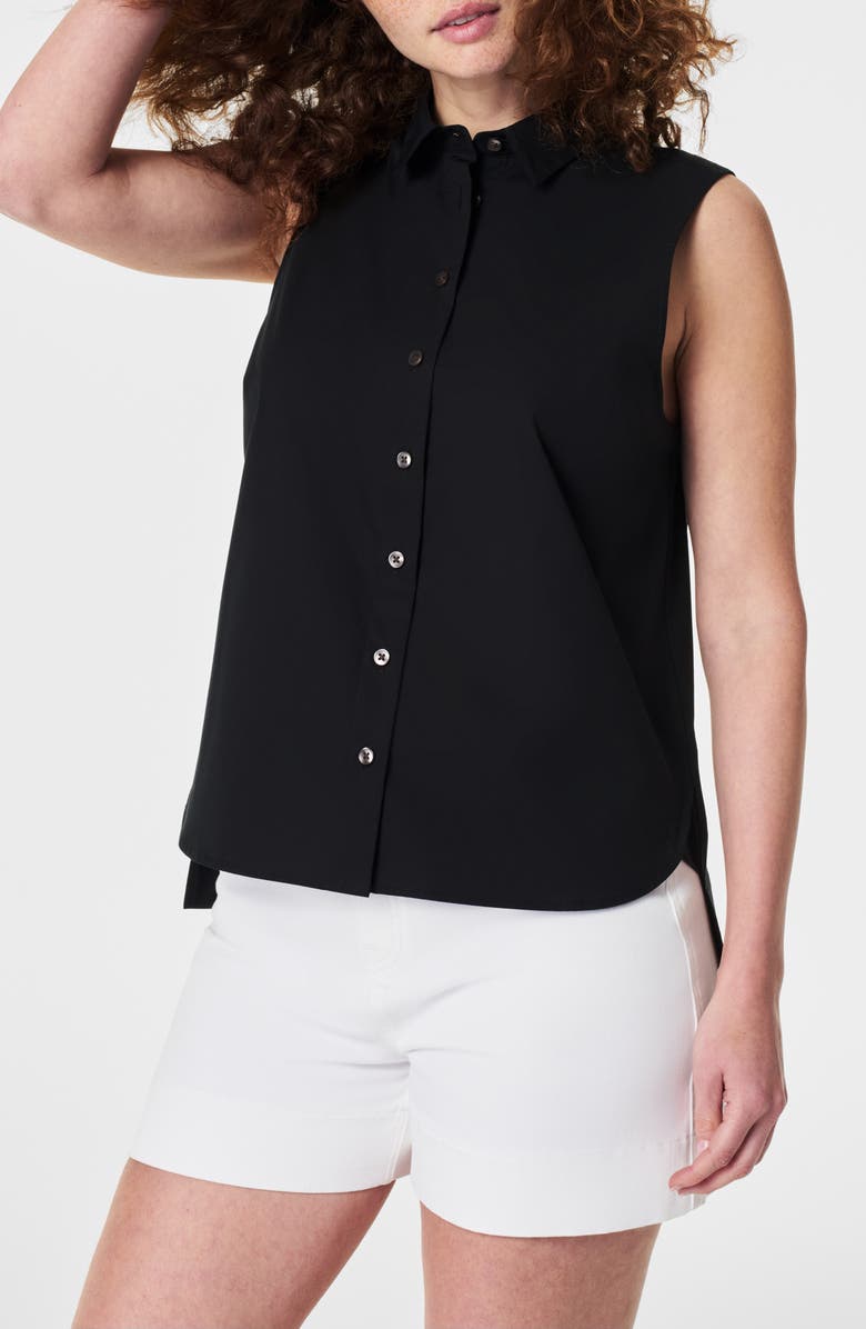 SPANX<sup>®</sup> Sleeveless Stretch Cotton Poplin Button-Up Shirt, Main, color,