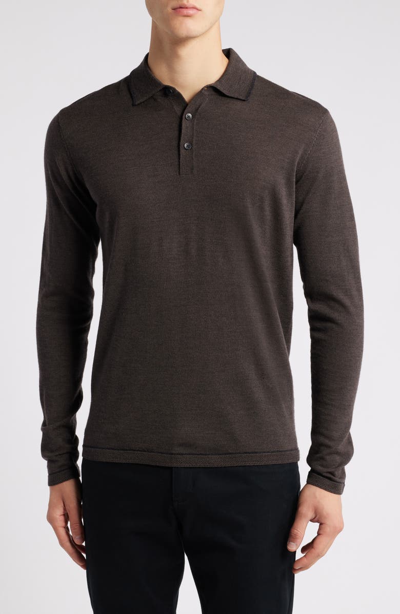 Robert Barakett Roman Long Sleeve Merino Wool Sweater Polo, Main, color, Brown