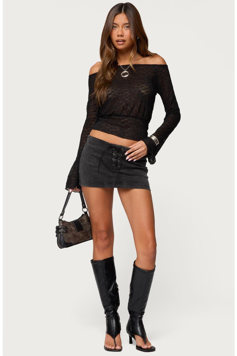 Alef Off the Shoulder Long Sleeve Sheer Lace Top, Alternate, color, BLACK