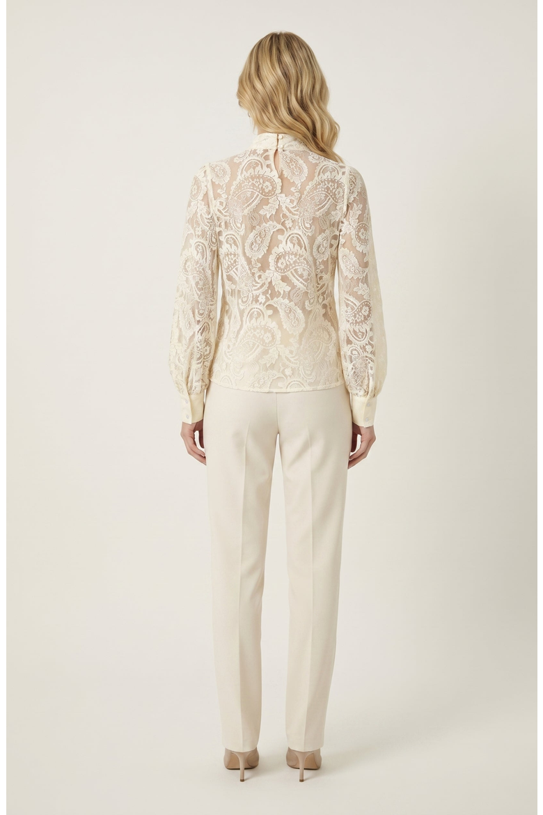 Tie Neck Sheer Long Sleeve Lace Blouse, Alternate, color, Beige