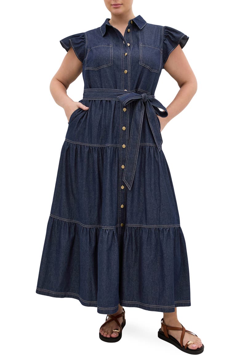 Kelsie Tie Waist Tiered Denim Maxi Dress, Main, color, DARK DENIM
