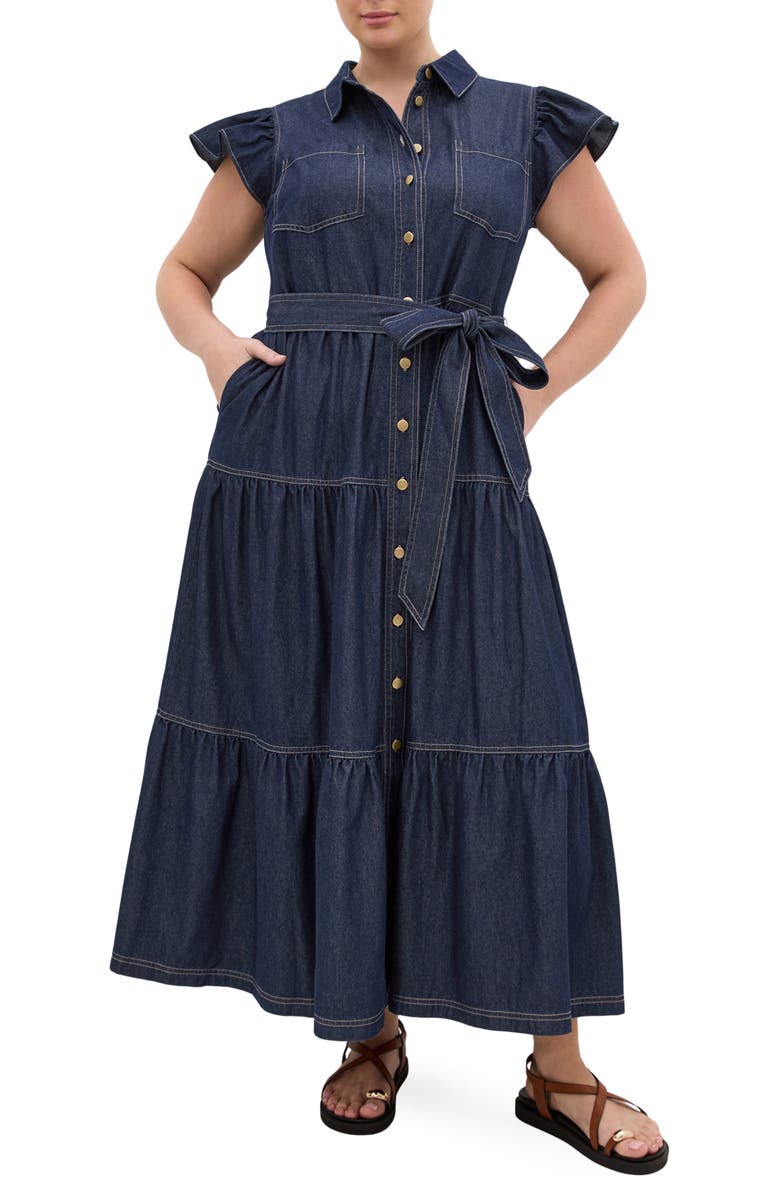 City Chic Kelsie Tie Waist Tiered Denim Maxi Dress, Main, color, 
