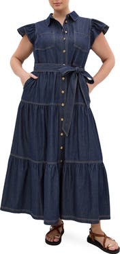 City Chic Kelsie Tie Waist Tiered Denim Maxi Dress