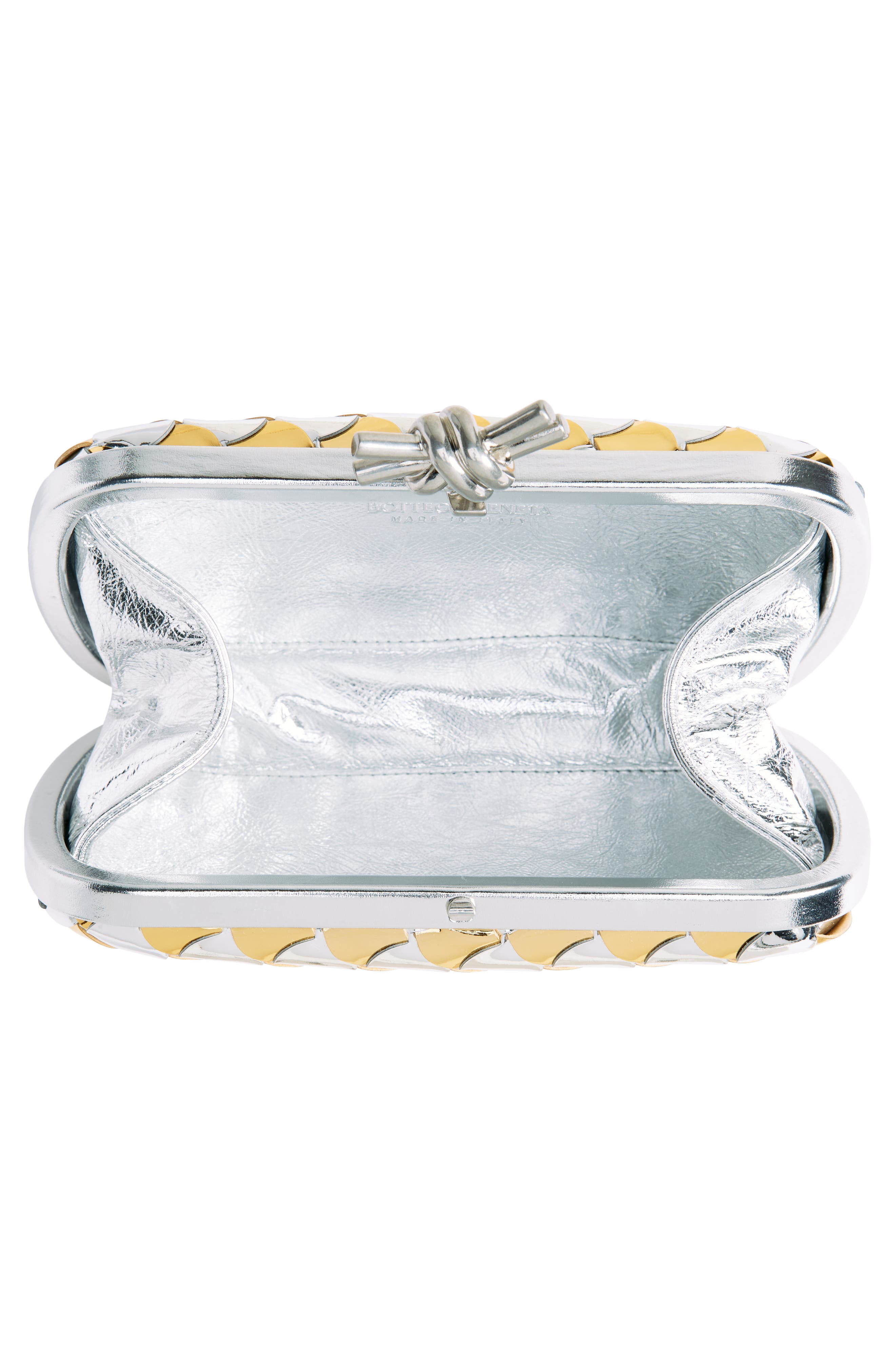 Bottega Veneta Knot Pavimento Metallic Leather Clutch, Alternate, color, Silver/ Gold