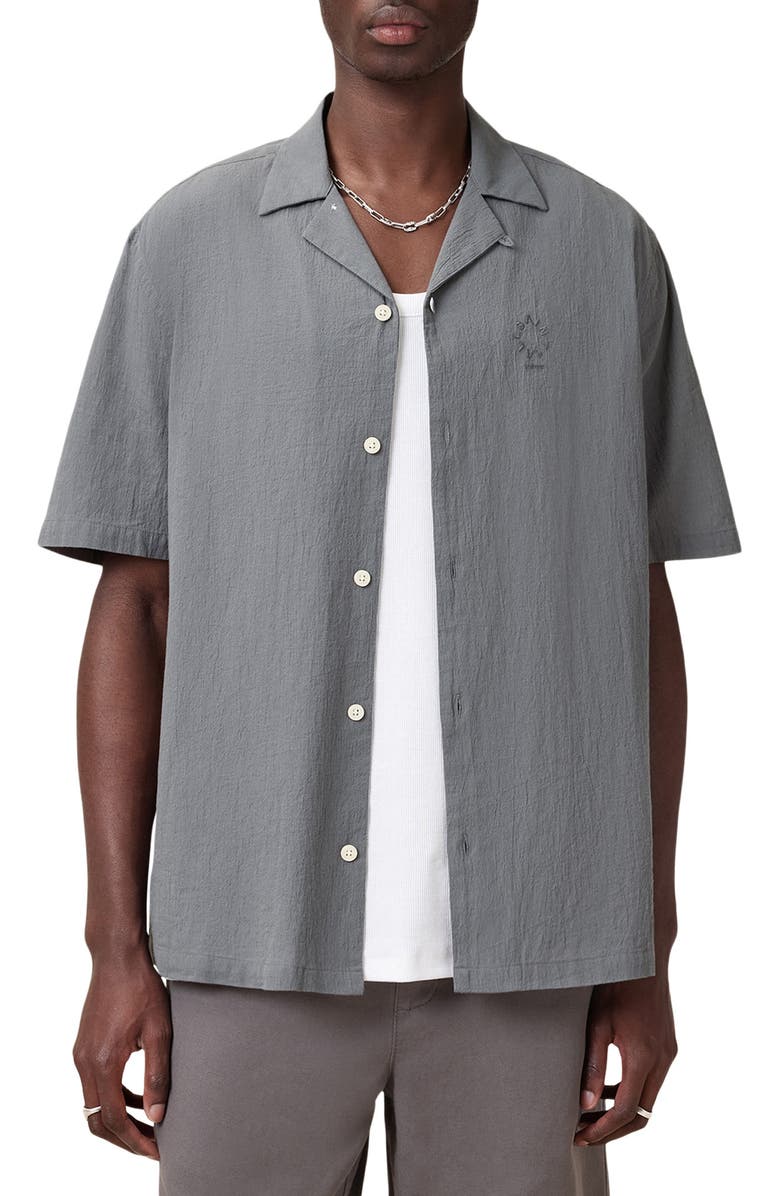 AllSaints Haven Short Sleeve Camp Shirt, Main, color, Pillar Grey