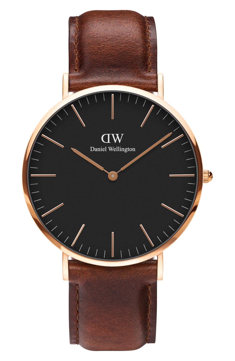 Daniel Wellington Classic St. Mawes Leather Strap Watch, 40mm, Main, color, Rose Gold/ Black