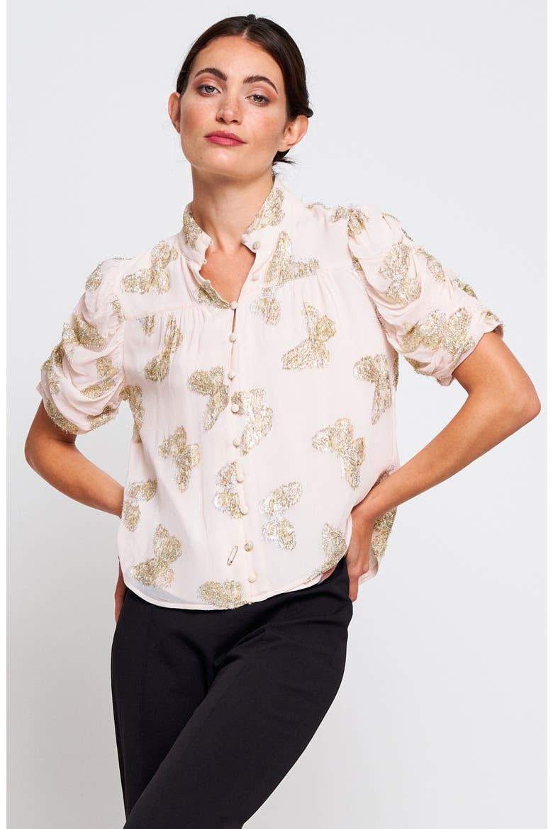 Maggie Metallic Ruched Sleeve Shirt, Alternate, color, CREAM