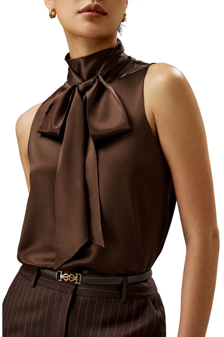 Women's Sleeveless Tie-Neck Silk Blouse, Main, color, Chocolate