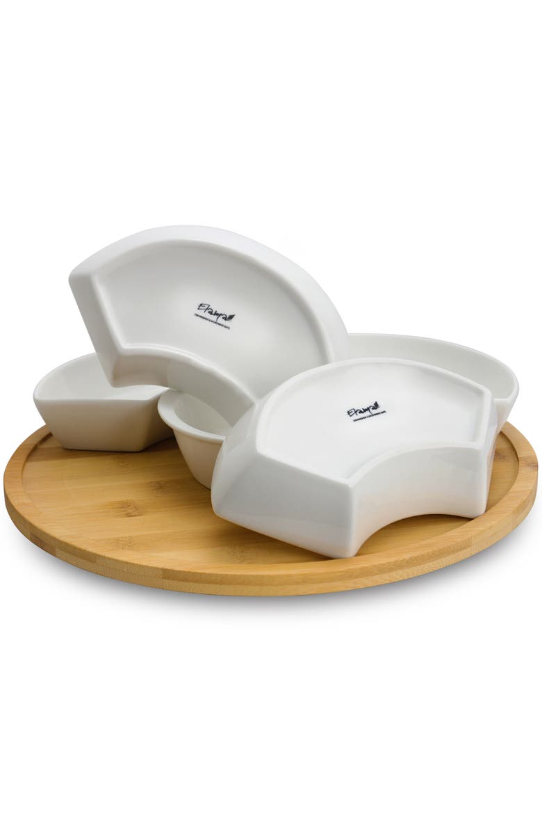 12 1/4 Inch 6-Piece Lazy Susan Appetizer and Condiment Server Set with 5 Serving Dishes and a Wood Lazy Suzan Serving Tray, Alternate, color, White