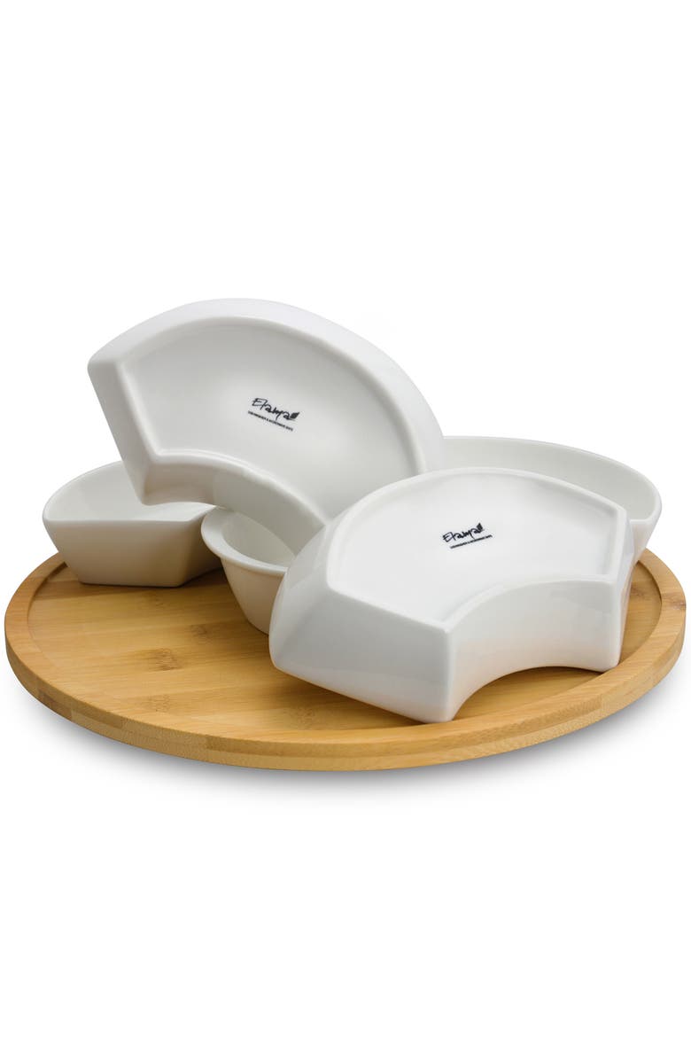 Elama Signature 12 1/4 Inch 6-Piece Lazy Susan Appetizer and Condiment Server Set with 5 Serving Dishes and a Wood Lazy Suzan Serving Tray, Alternate, color, White