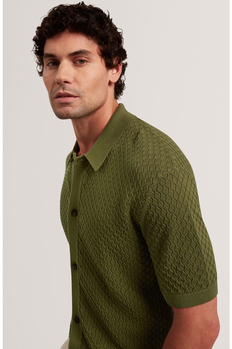 Domati Texture Knit Short Sleeve Button-Up Shirt, Alternate, color, KHAKI