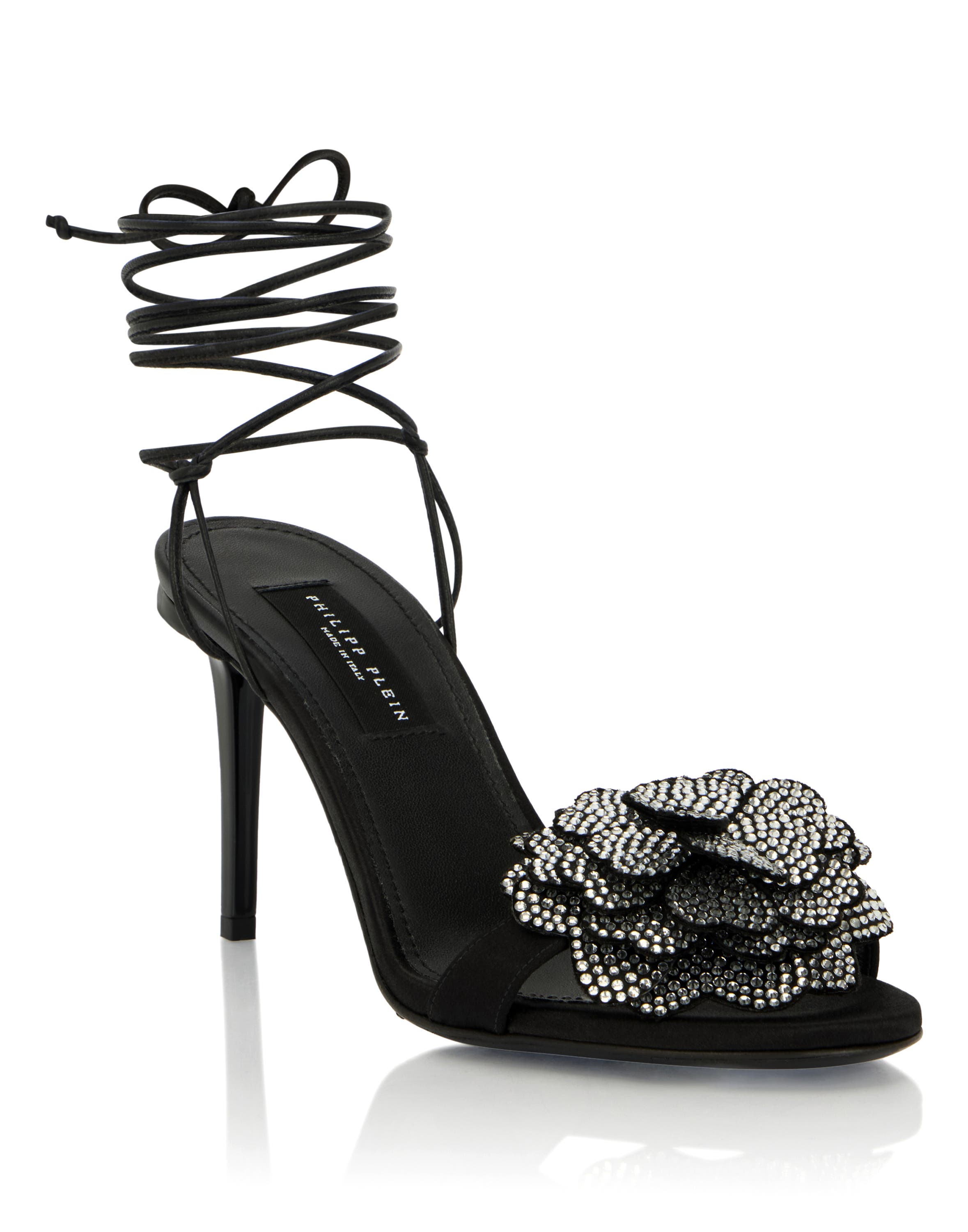 Lace-Up High Heels Sandals Strass Flower 9 Women, Main, color, black
