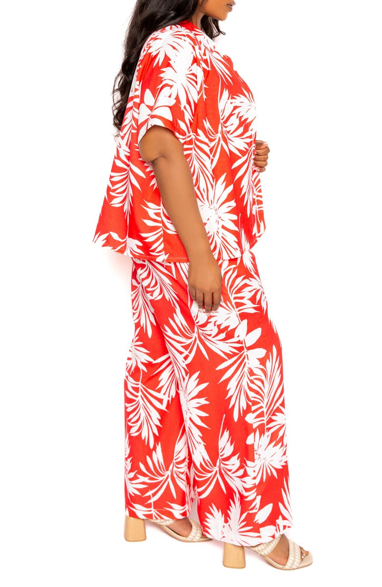 BUXOM COUTURE Tropical Short Sleeve Button-Up Top & Wide Leg Pants Set, Alternate, color,