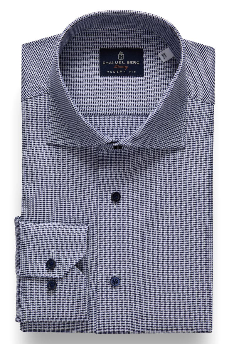 Modern Fit Houndstooth Natural Stretch Yoga Twill Dress Shirt, Main, color, NAVY