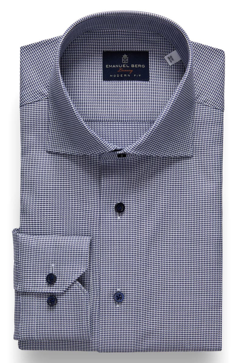 Emanuel Berg Modern Fit Houndstooth Natural Stretch Yoga Twill Dress Shirt, Main, color, Navy